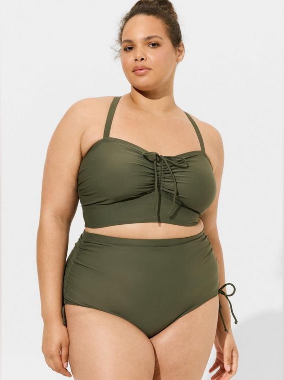 Torrid Wireless Cinch Front Bandeau Bikini Top High Rise Bottoms Olive Green 4X